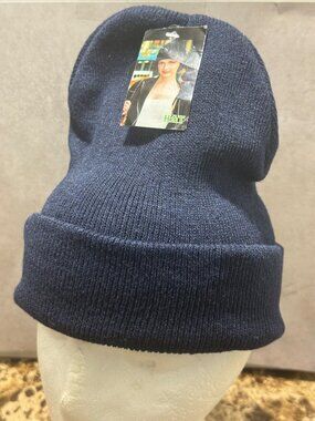 Navy Blue Knit Beanie Hat With Folded Cuff Warm Winter Cap For Men & Women